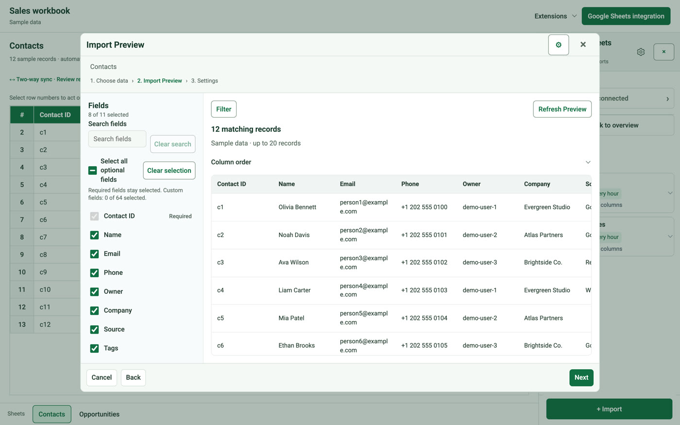 Import preview choosing contact fields