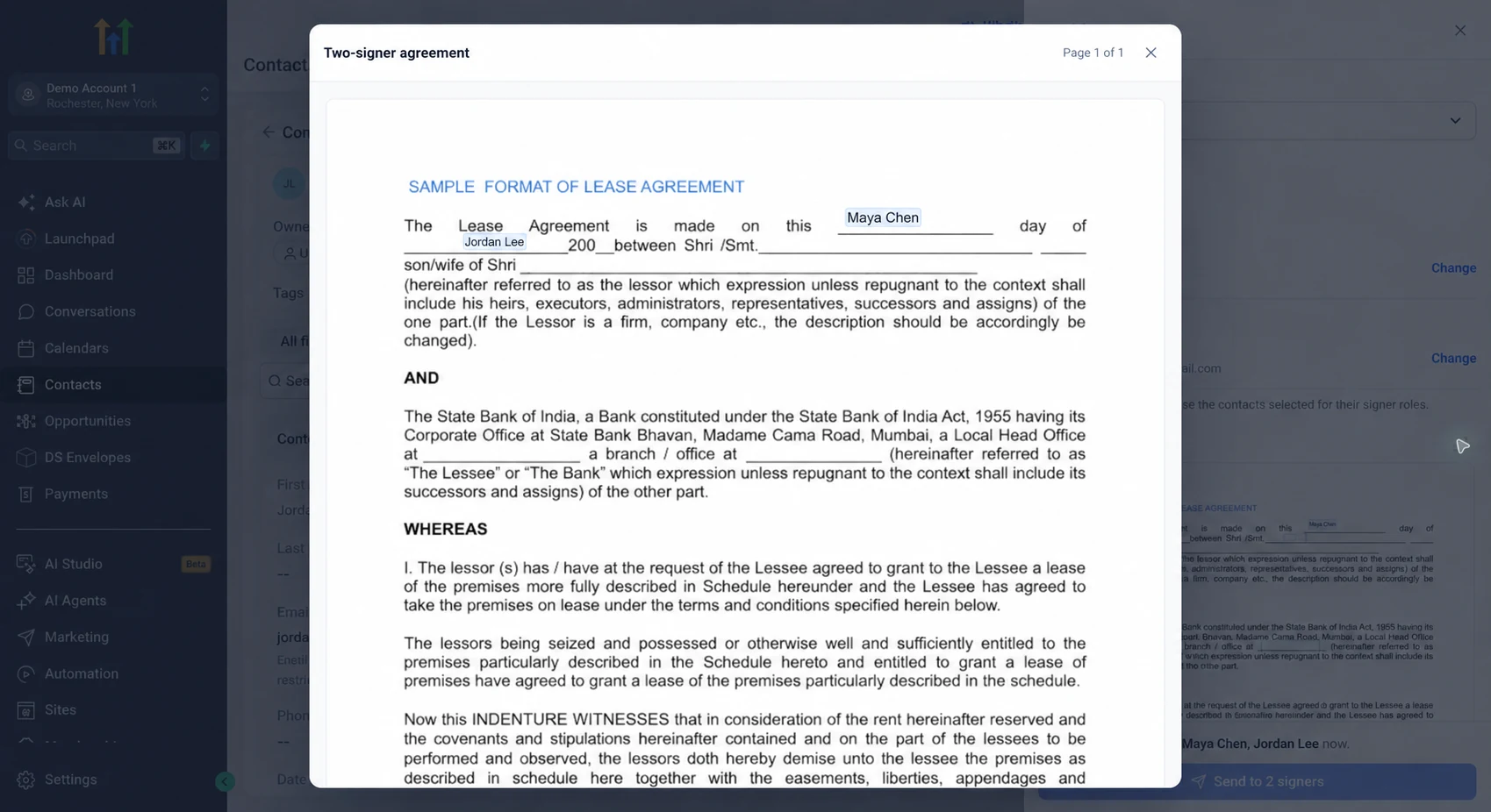 Expanded document preview showing values from both selected signer contacts