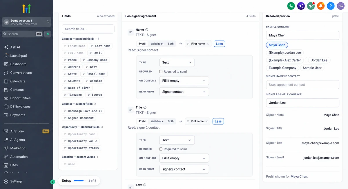DocuSign field mapping and resolved contact values inside GoHighLevel; edited example data