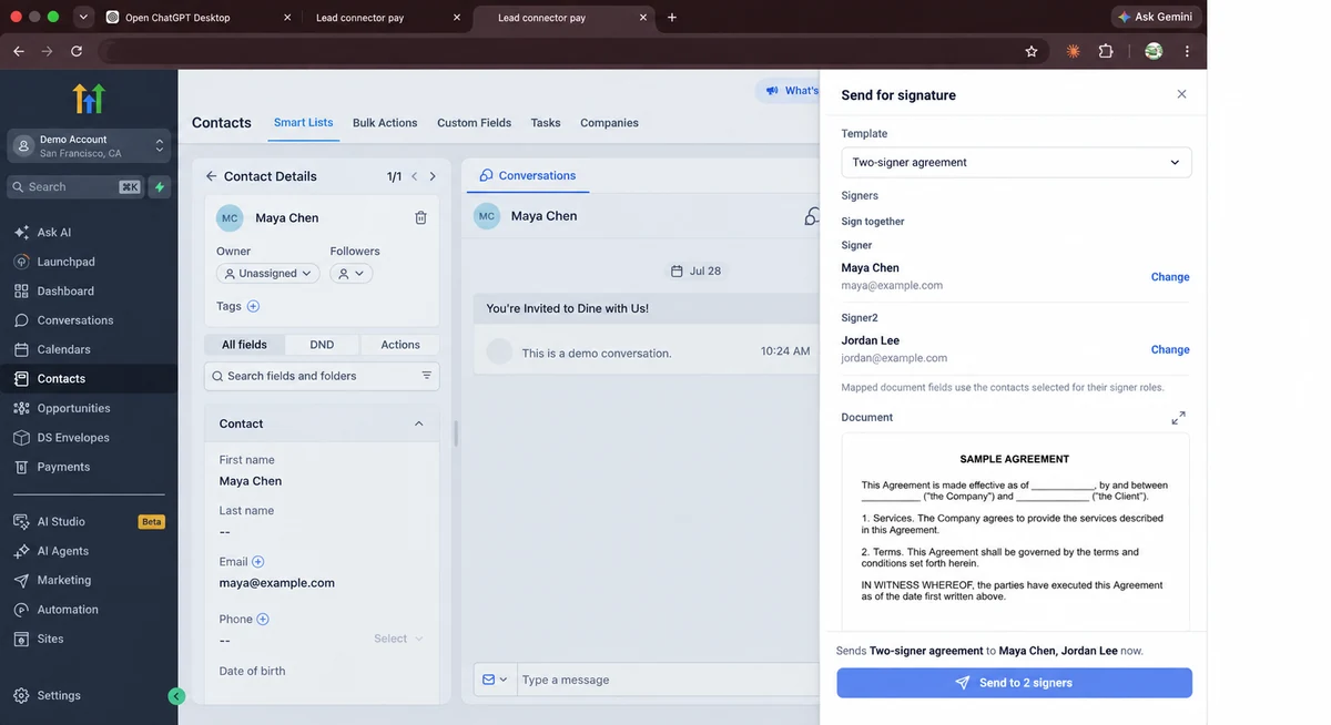 LC Bridge’s DocuSign send panel inside a GoHighLevel contact, with two selected signers and a document preview