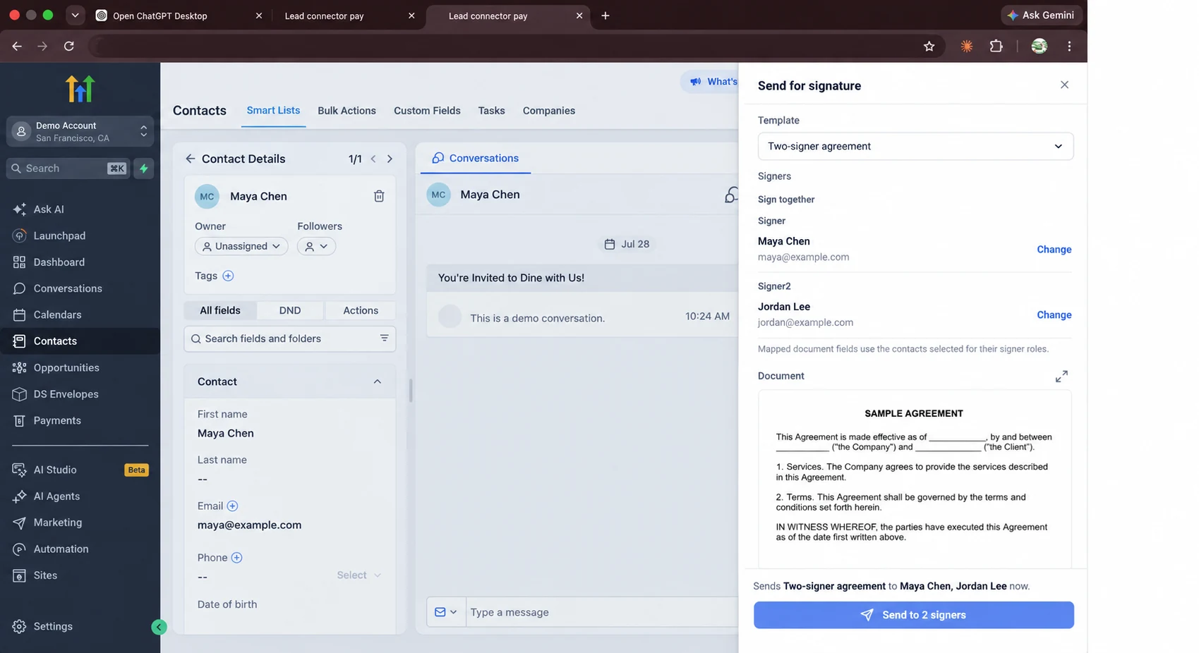 Send for signature sheet with two selected contacts and a document preview