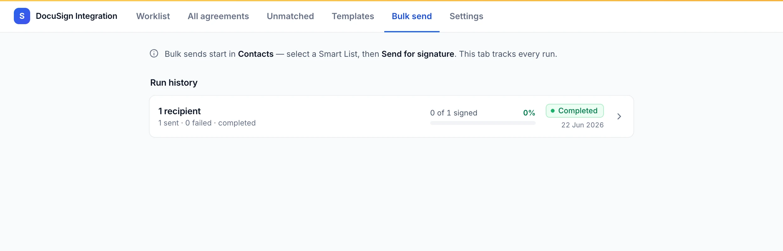 The Bulk send run history showing a completed send