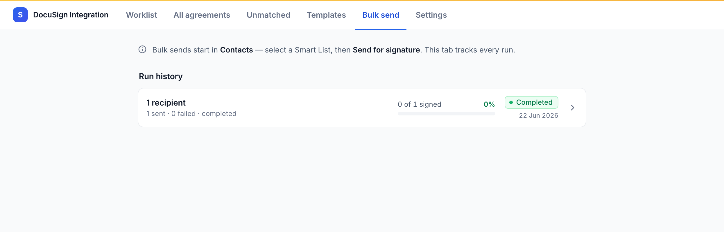 The Bulk send run history showing a completed send