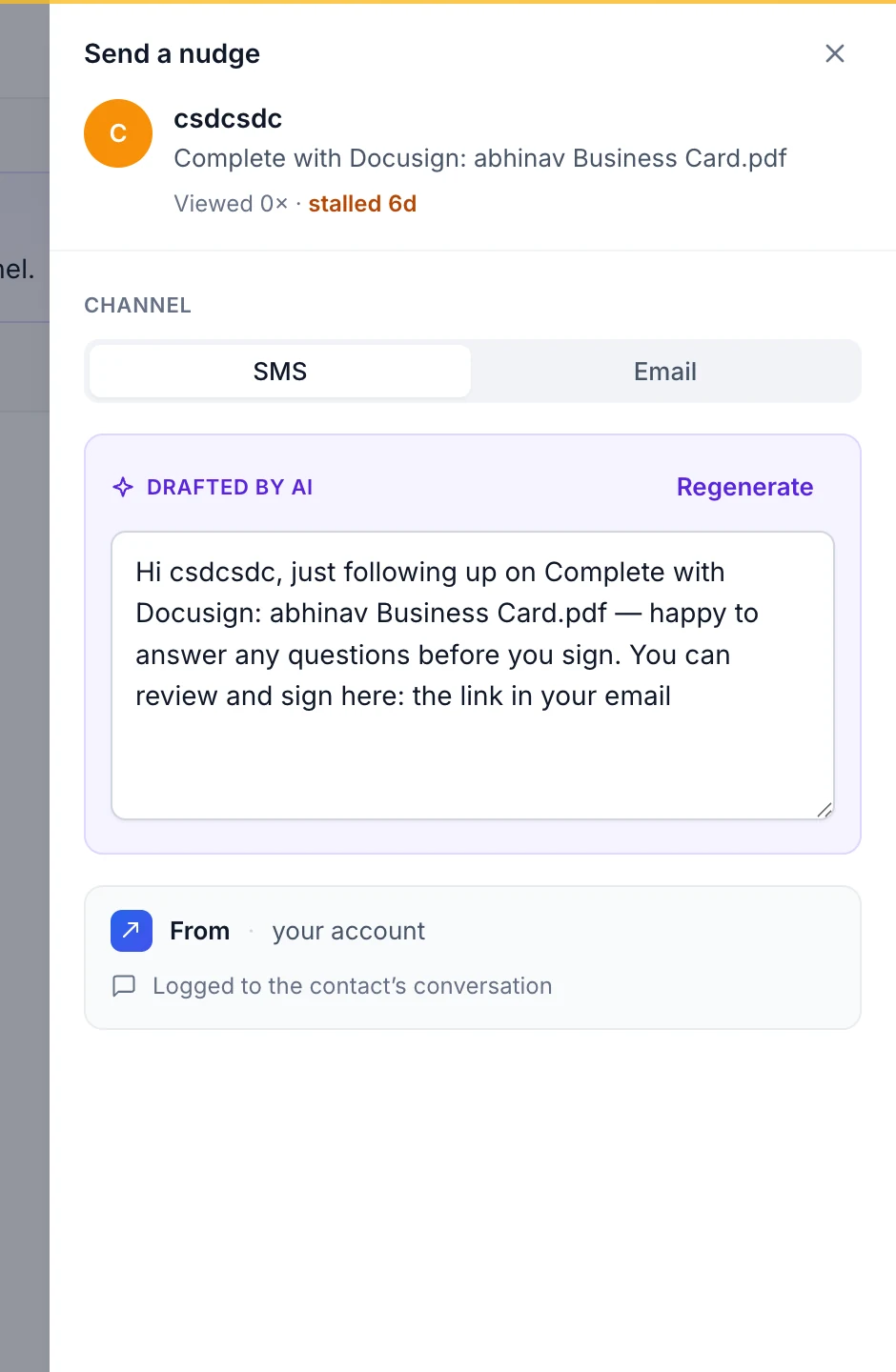 The nudge composer with an AI-drafted message and SMS/email channel options