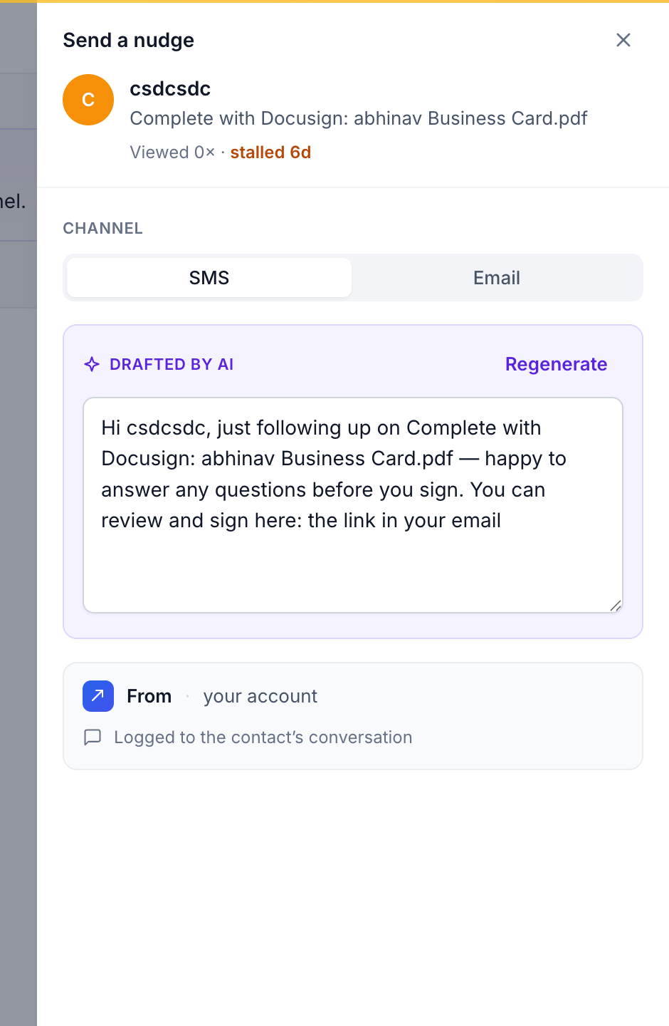 The nudge composer with an AI-drafted message and SMS/email channel options