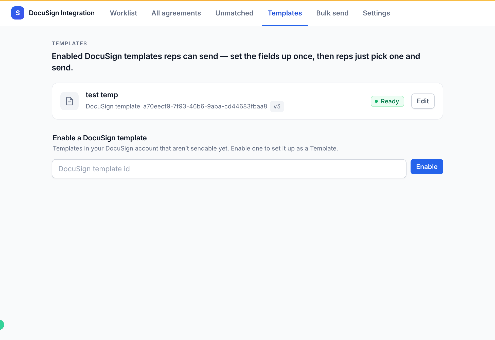 The Templates screen showing a send-ready DocuSign template with Edit and Enable controls
