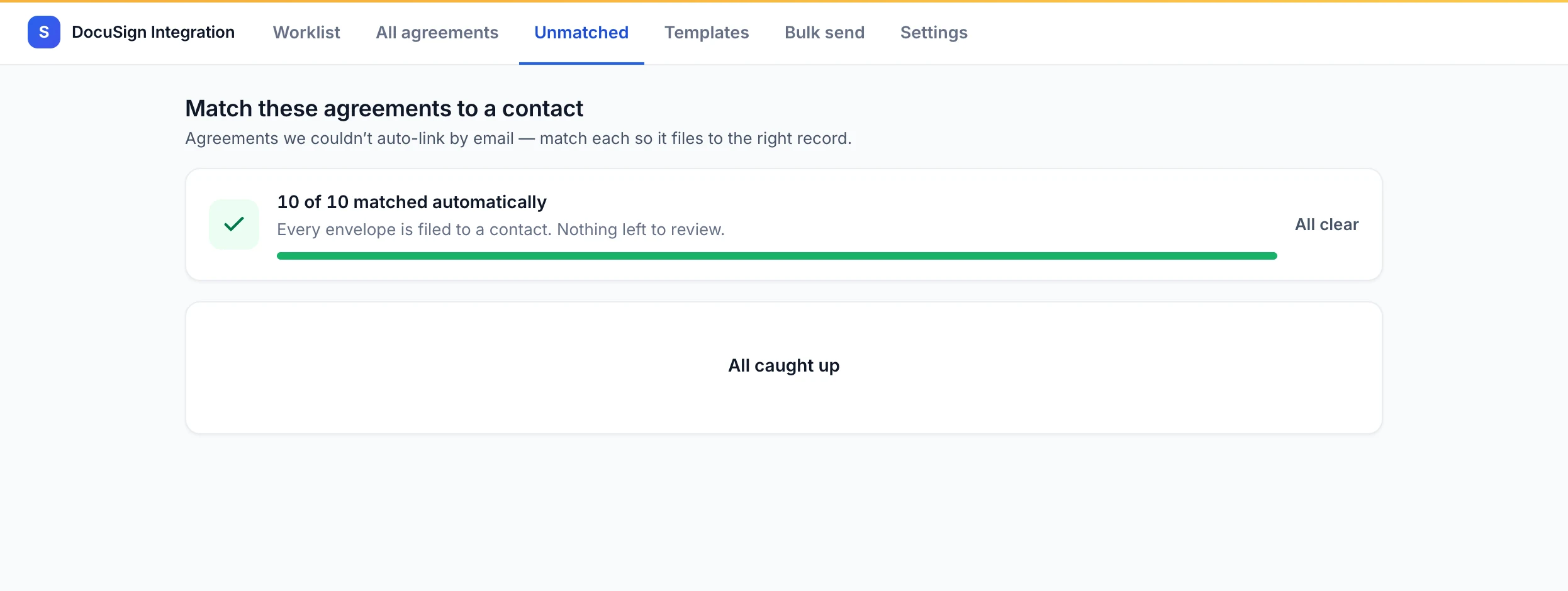 The Unmatched screen showing all envelopes matched automatically