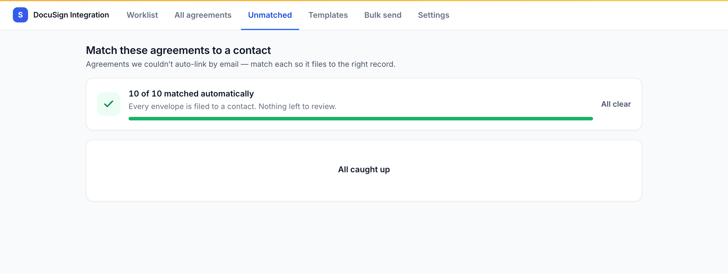 The Unmatched screen showing all envelopes matched automatically