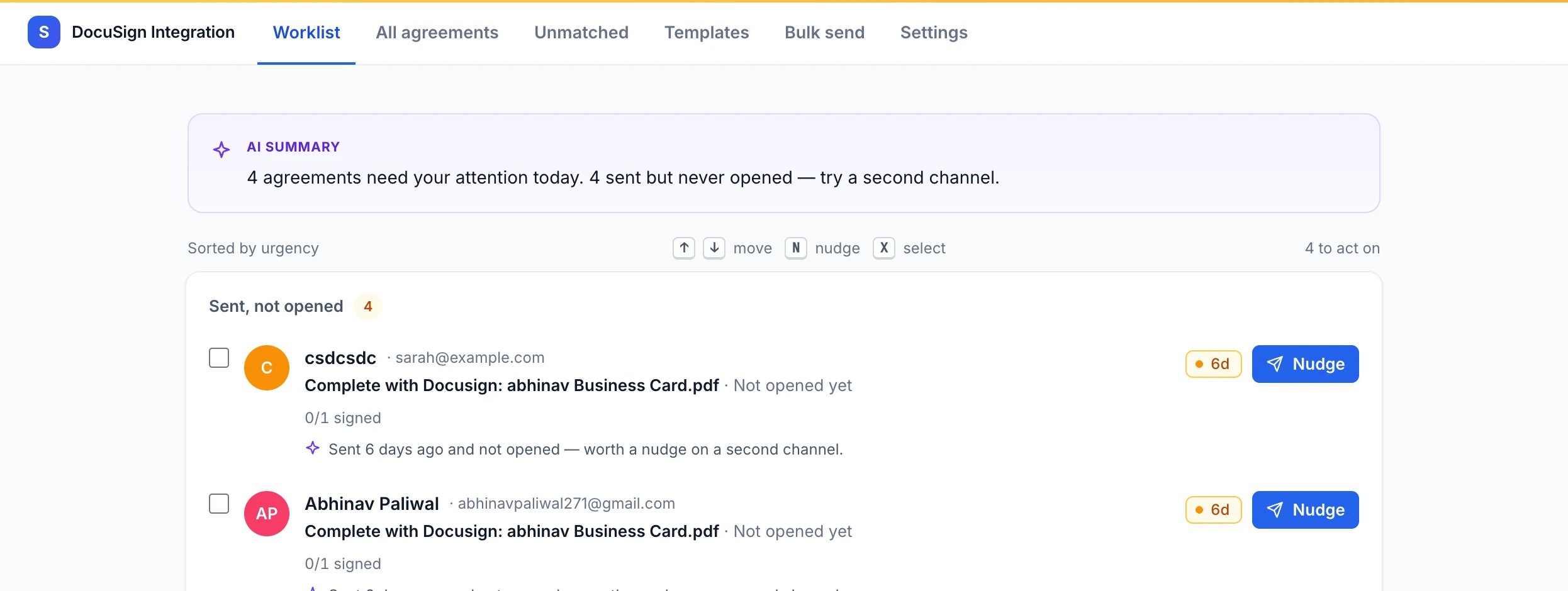 The Worklist showing agreements that need attention with AI summary and nudge buttons