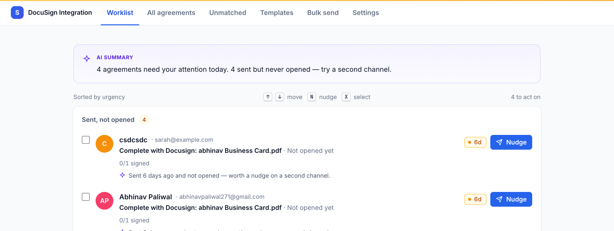 The Worklist showing agreements that need attention with AI summary and nudge buttons